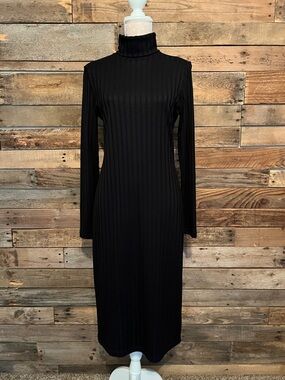 H&M Black Ribbed Turtleneck Long Sleeve Midi Dress